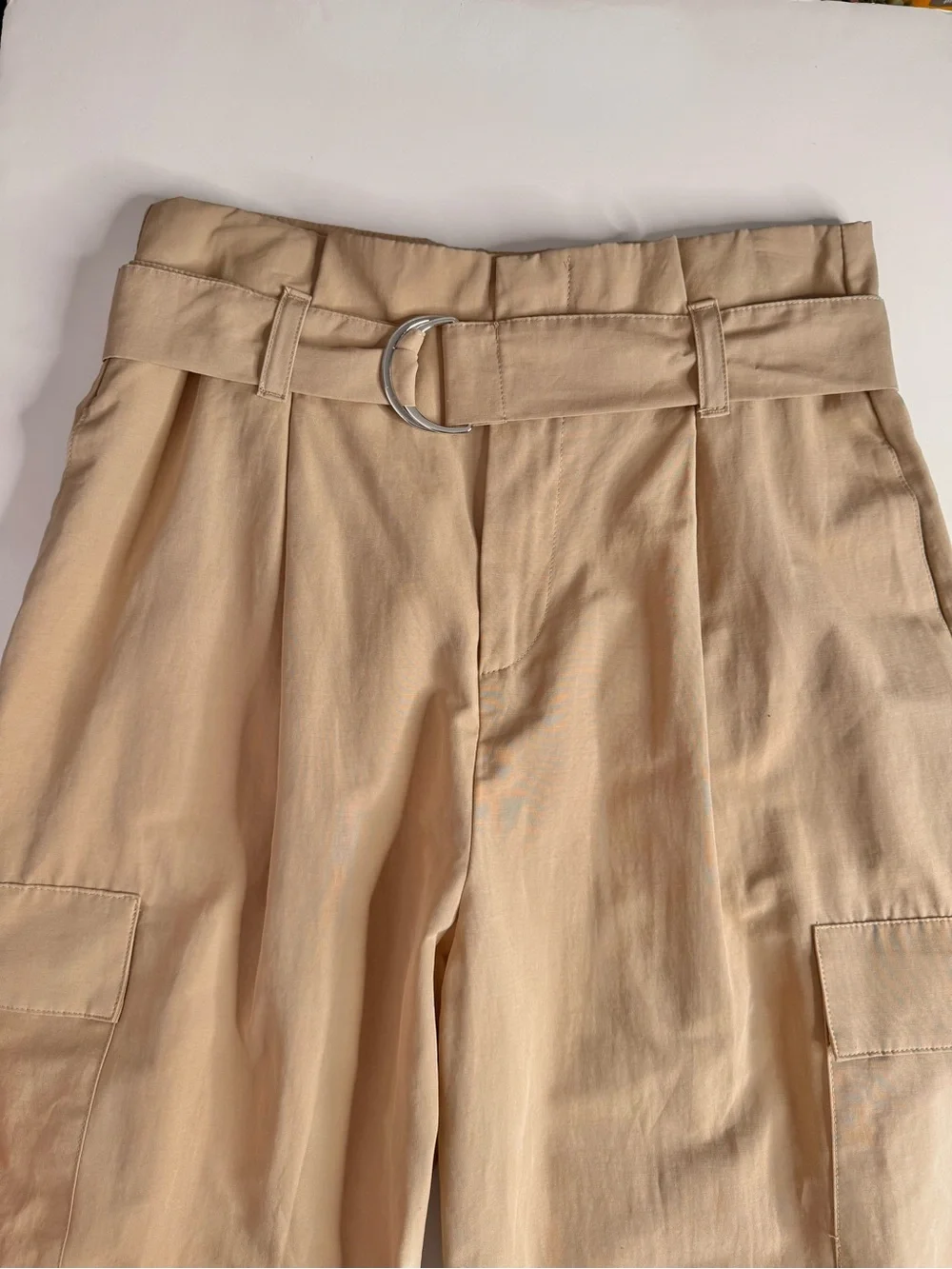 ZARA New With Tag M High Rise Paper Bag Straight Leg Camel Cargo Pants Medium - Picture 14 of 15